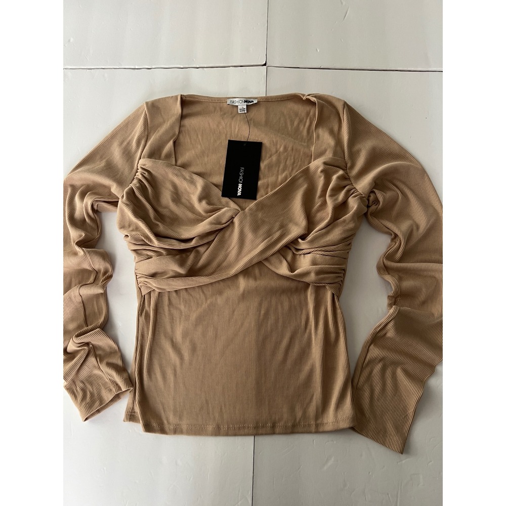 Fashion Nova Twisted For You Top Taupe Ribbed Sweetheart Long Sleeve M T20889LQC